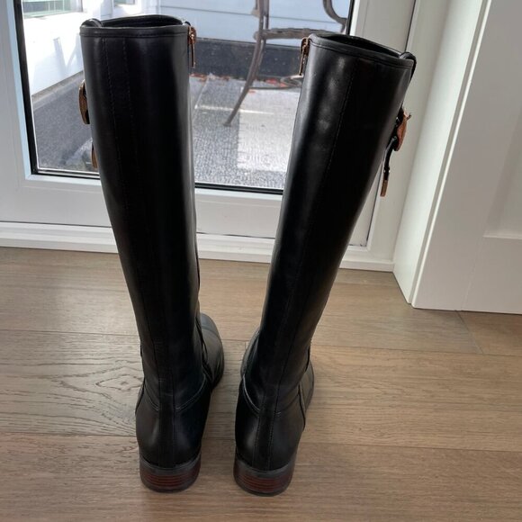 Coach Easton Sleek Knee High Leather Boots w Gold Buckle Hardware Black Sz 9.5 - Picture 9 of 13